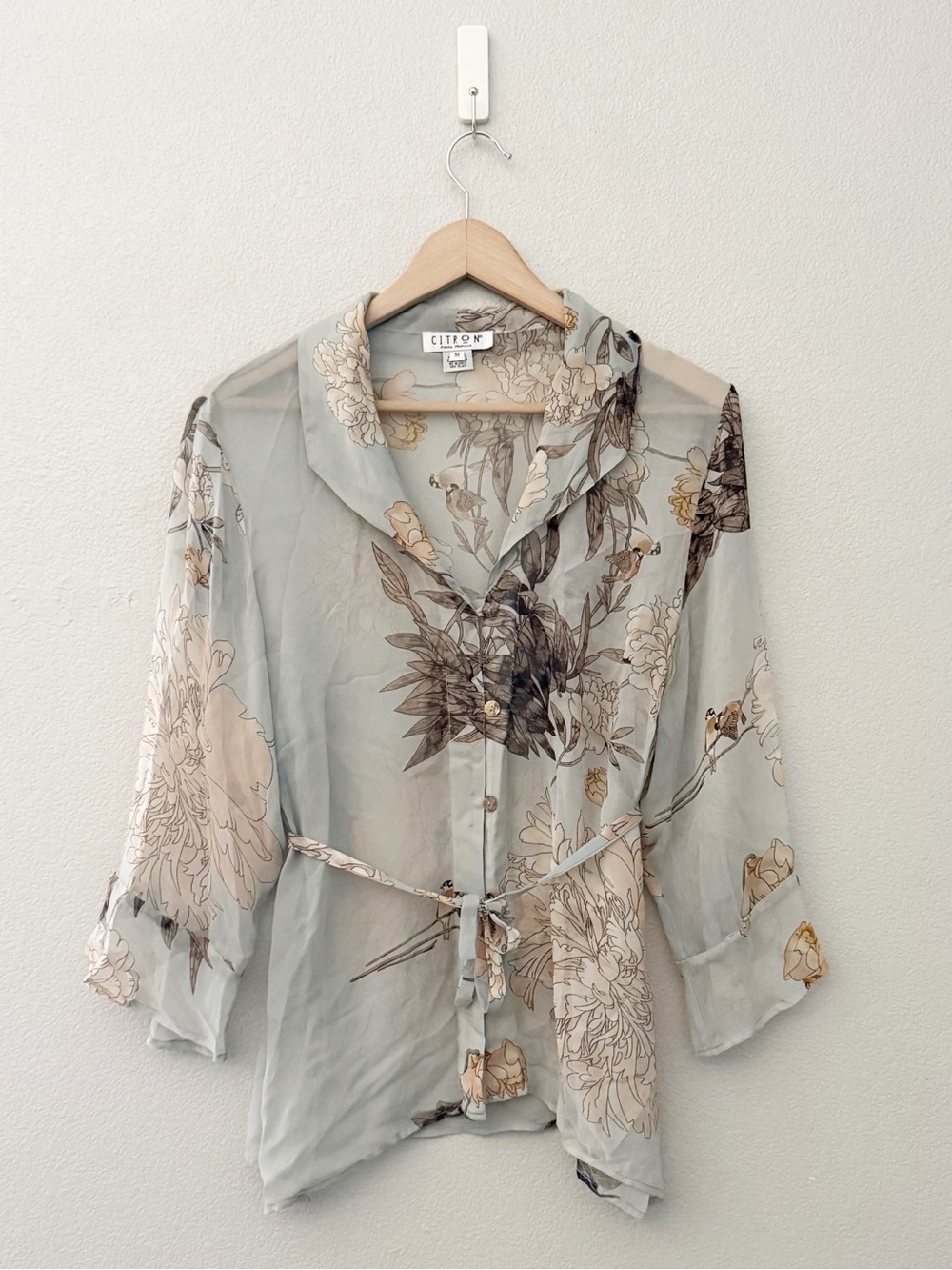 Citron Santa Monica Silk Blouse Top Med Asian Floral Artsy Boho Ethereal Kimono